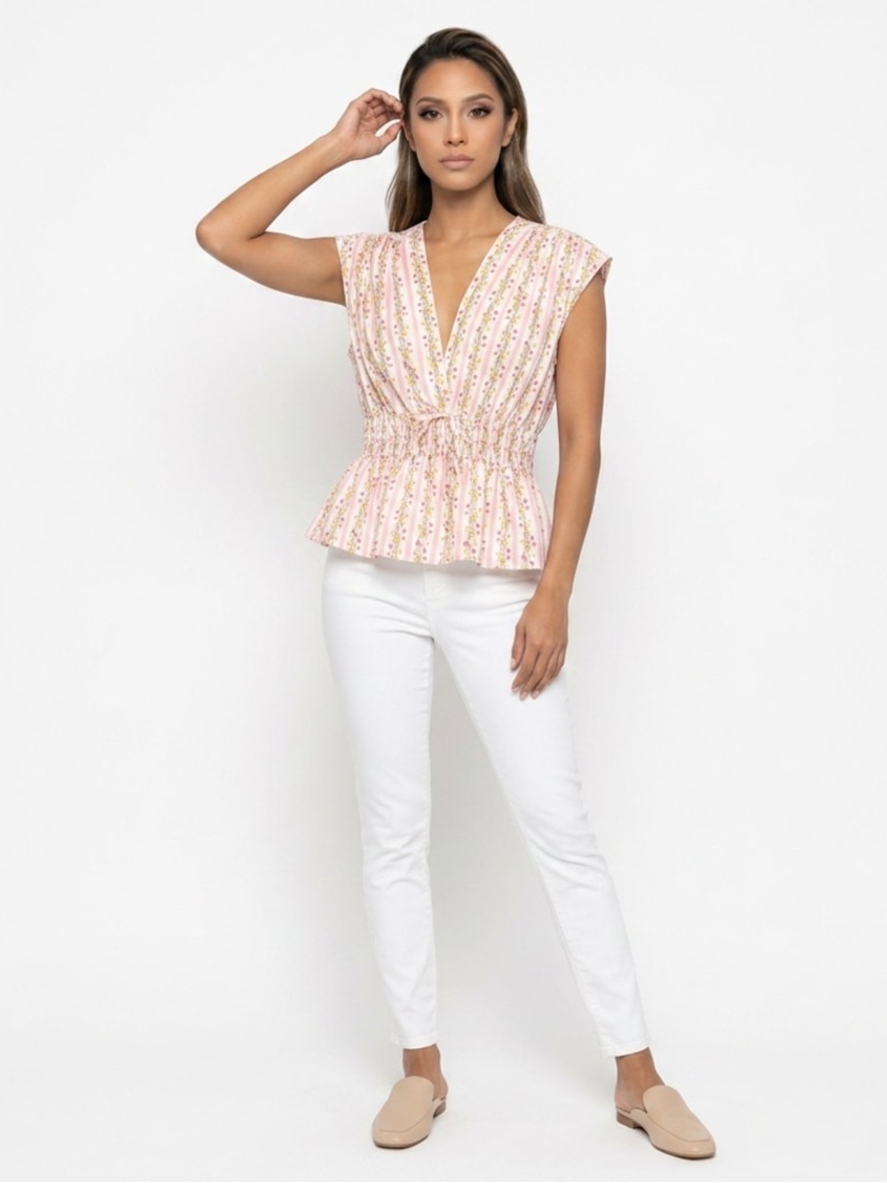 NWT 1. State Women’s Pink Floral Stripe V-Neck Peplum Cotton Top Blouse Sz M